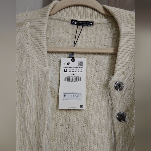 ZARA Faux fur cream cardigan. Size Medium NWT - Picture 6 of 16